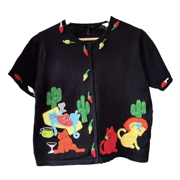 Christina Rotelli Sweaters - Christina Rotelli Cat Sweater Cat Fiesta 3D Size Small Mexican Margarita Vintage